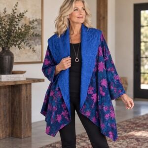 NEW Jenny T Open Crinkle Jacket Navy Purple Floral Lagenlook Artsy 90s Boho XL